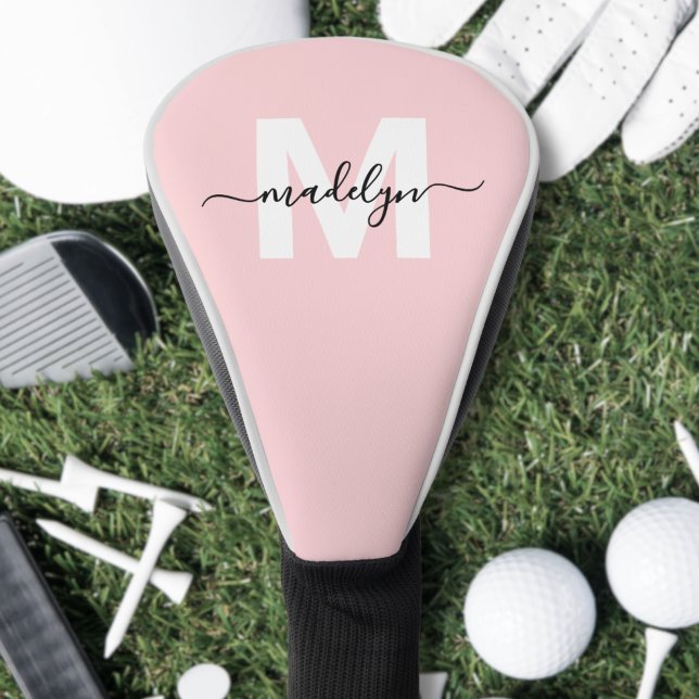Blush Pink Moderne Giro-Script-Name Monogram Golf Headcover (Blush Pink Modern Girly Script Name Monogram Golf Head Cover)