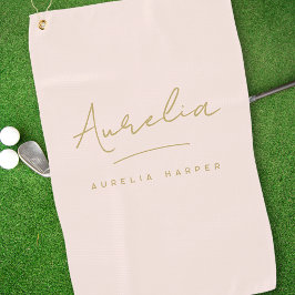 Blush Pink Moderne Gold Script Monogram Signature Golfhandtuch