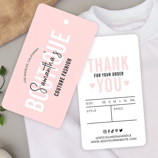 Blush Pink Moderne Kleidung Boutique Preis hängen  (Feminine pink aesthetic clothing price tags with sizing table and thank you note)