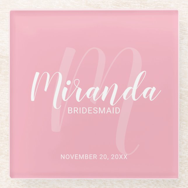Blush Pink Modernes Drehbuch Personalisierte Bride Glasuntersetzer (Vorderseite)