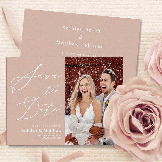 Blush Pink Modernes Foto Elegantes Skript Hochzeit Save The Date (Von Creator hochgeladen)
