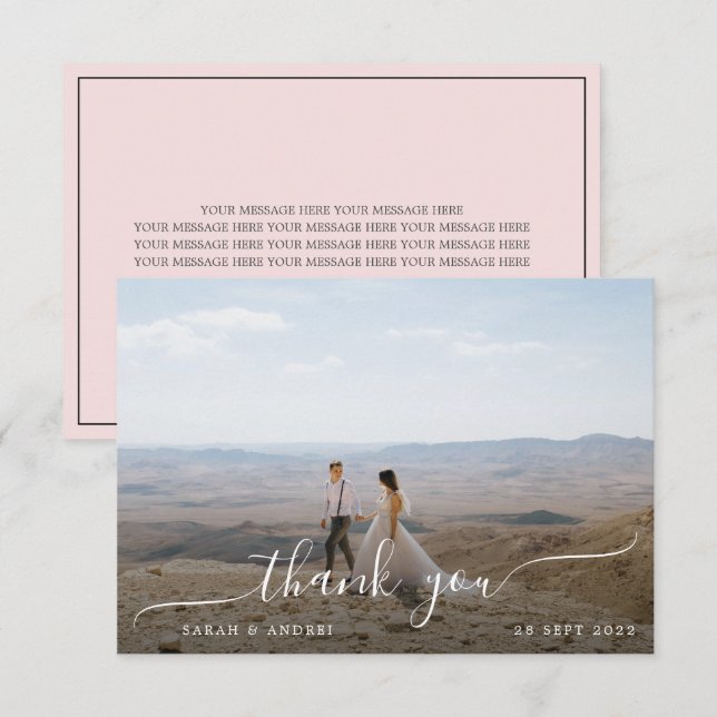 Blush Pink Modernes Foto Script Hochzeit Dankeskarte (Vorne/Hinten)