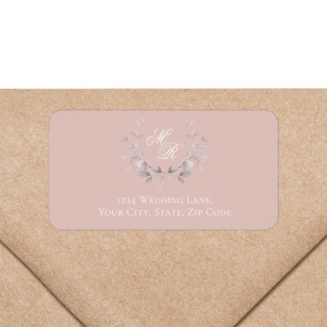 Blush Pink Monogram Botanical Return Address Adressaufkleber (Blush pink monogram return address label with romantic botanical wreath)