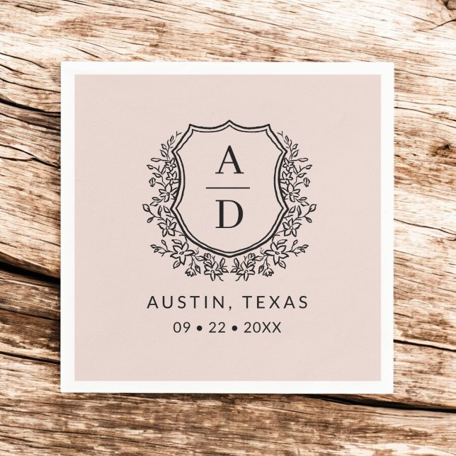 Blush Pink Monogram Floral Wedding Wappen Serviette (Von Creator hochgeladen)