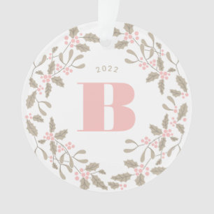 Blush Pink Monogram Holly Wreath Wedding Photo Ornament