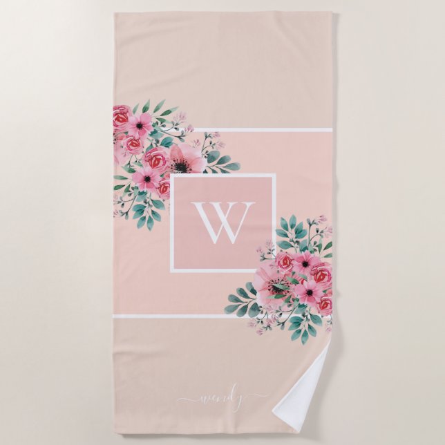 Blush Pink Monogram Watercolor Blume Strandtuch (Vorderseite)