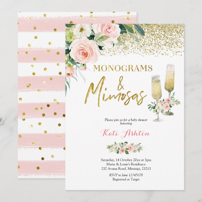 Blush Pink Monograms and Mimosas Bridal Shower Einladung (Vorne/Hinten)