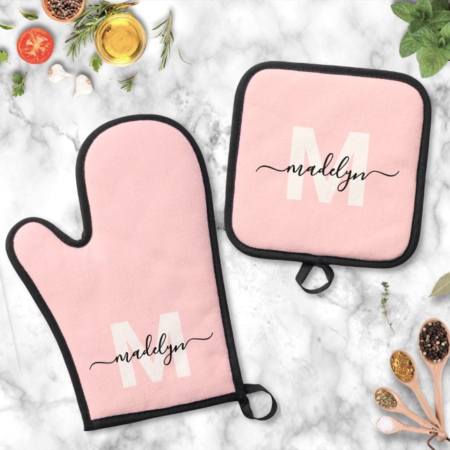 Blush Pink Name Monogram Küche Ofenhandschuh & Topflappen-Set (Blush Pink Name Monogram Kitchen Oven Mitt & Pot Holder Set )