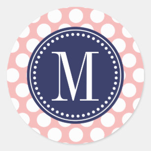 Blush Pink & Navy Big Polka Dots Mit Monogramm Runder Aufkleber