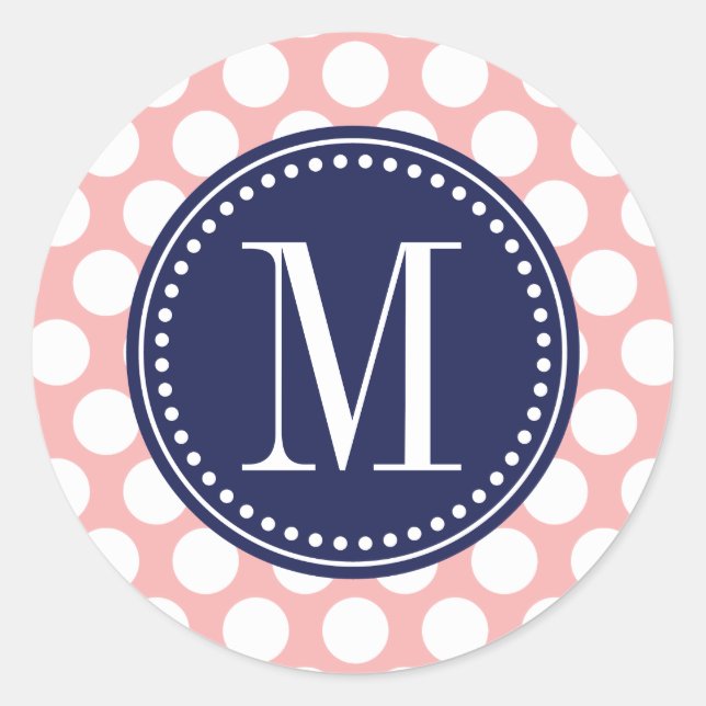 Blush Pink & Navy Big Polka Dots Mit Monogramm Runder Aufkleber (Vorderseite)