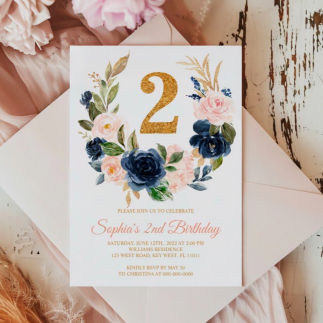 Blush Pink & Navy Blauer Blumenreath 2. Geburtstag Einladung (Von Creator hochgeladen)