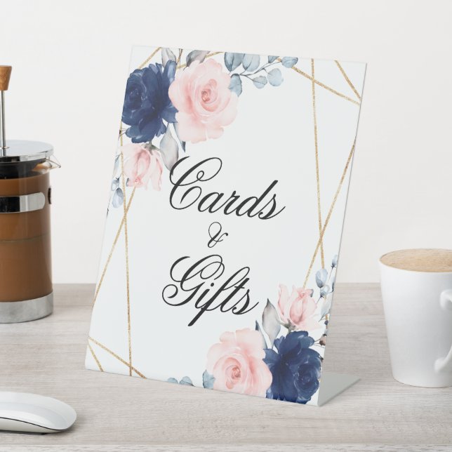 Blush Pink & Navy Blue Duschkarten & Geschenkssign Sockelschild (In SItu)