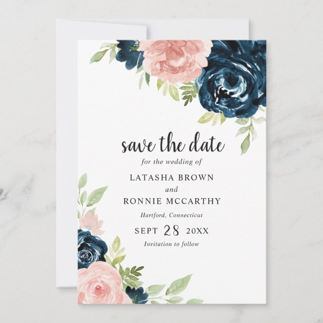 Blush Pink Navy Blue Floral Elegante Hochzeit Save The Date (Vorderseite)