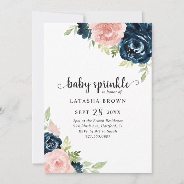 Blush Pink Navy Blue Floral Girl Baby Sprinkle Einladung (Vorderseite)