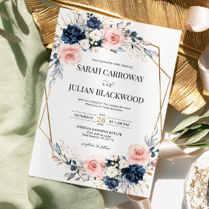 Blush Pink Navy Blue Floral Gold Geometric Wedding Einladung