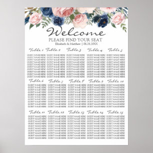 Blush Pink Navy Blue Floral Hochzeitstabelle Poster