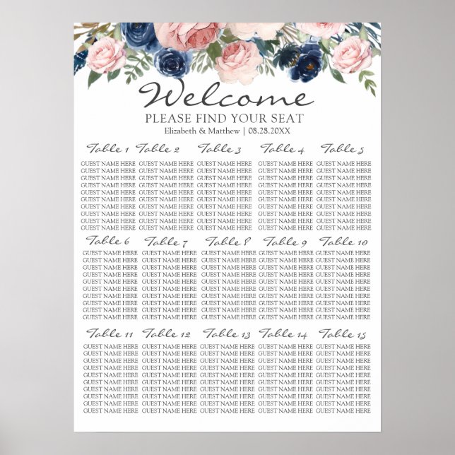 Blush Pink Navy Blue Floral Hochzeitstabelle Poster (Vorne)