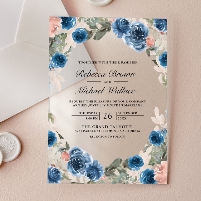 Blush Pink Navy Blue Floral Wedding Acryleinladungen (Von Creator hochgeladen)