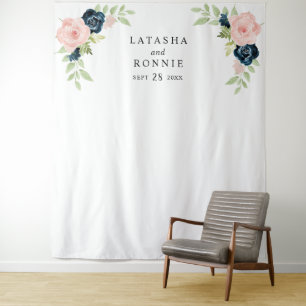 Blush Pink Navy Blue Floral Wedding Foto Hintergru Wandteppich