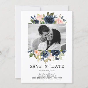 Blush Pink Navy Blue Florals Wedding Foto Save The Date