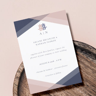 Blush Pink Navy Blue Geometric Chinese Wedding Einladung