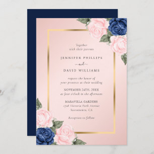 Blush Pink Navy Blue Gold Floral Wedding Einladung