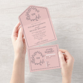 Blush Pink Navy Blue Leafy Wappen Monogram Wedding All In One Einladung