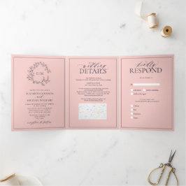 Blush Pink Navy Blue Leafy Wappen Monogram Wedding Dreifach Gefaltete Einladung