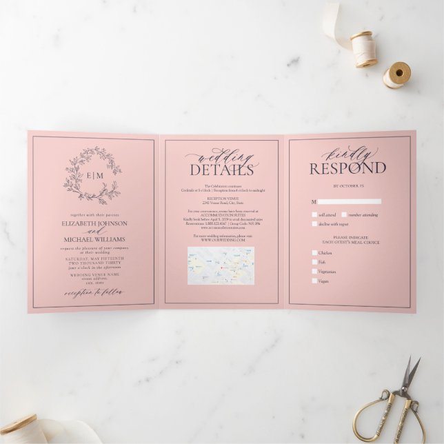 Blush Pink Navy Blue Leafy Wappen Monogram Wedding Dreifach Gefaltete Einladung (Innenseite)
