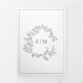 Blush Pink Navy Blue Leafy Wappen Monogram Wedding Dreifach Gefaltete Einladung