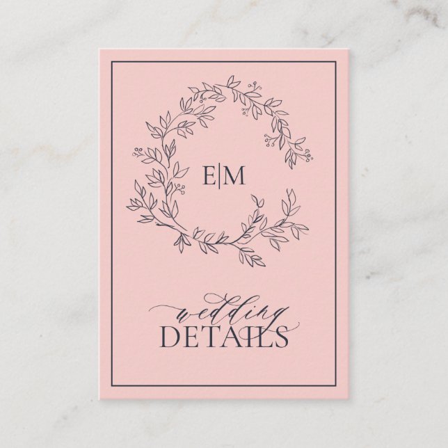 Blush Pink Navy Blue Monogram Wedding Details Begleitkarte (Vorderseite)