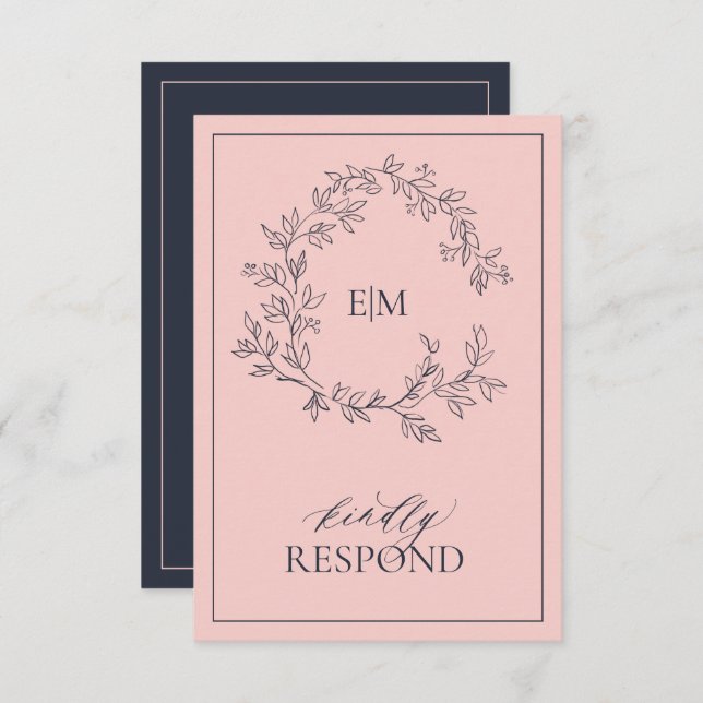 Blush Pink Navy Blue Monogram Wedding RSVP Card (Vorne/Hinten)