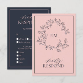 Blush Pink Navy Blue Monogram Wedding RSVP Card Karte