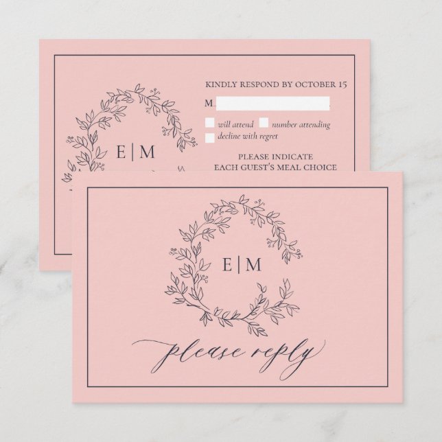 Blush Pink Navy Blue Monogram Wedding RSVP Card Karte (Vorne/Hinten)