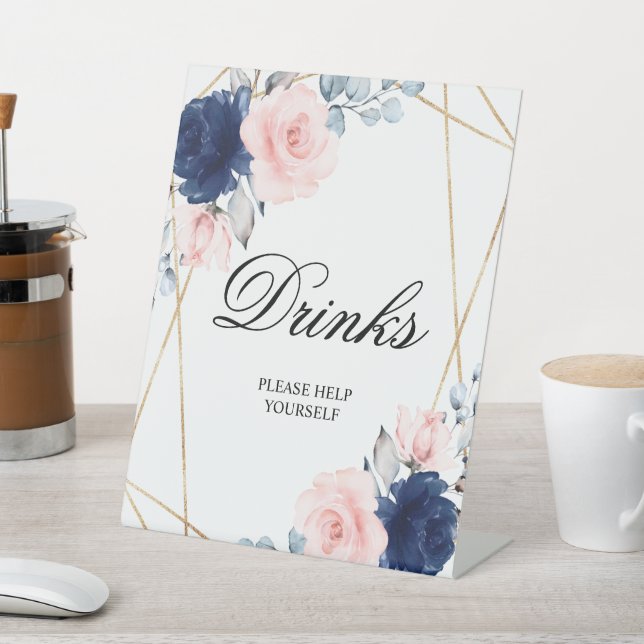 Blush Pink & Navy Blue Rose Duschgetränke Zeichen Sockelschild (In SItu)