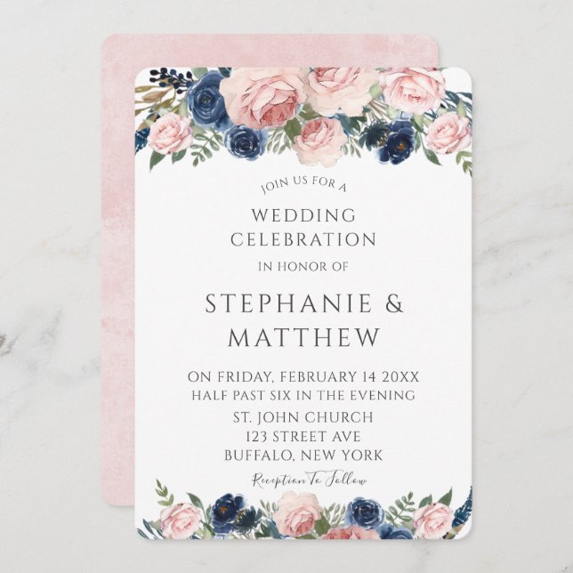 Blush Pink Navy Blue Watercolor Peony Wedding Einladung (Vorne/Hinten)