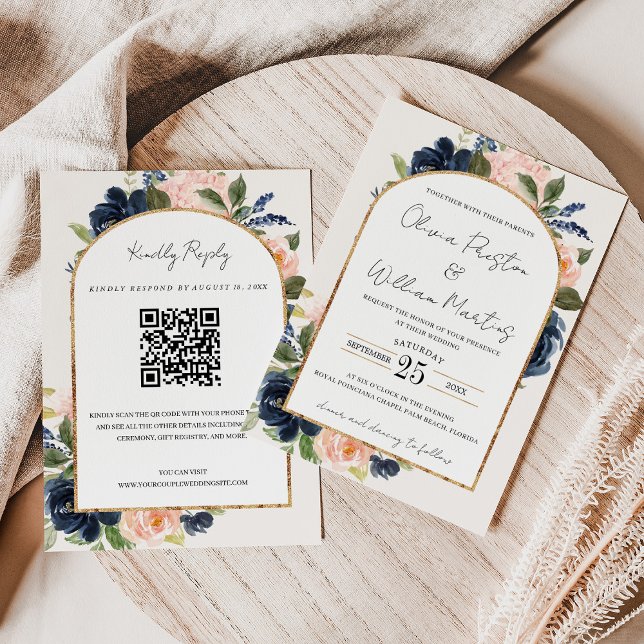 Blush Pink Navy Floral Arch QR Code UAWG Wedding Einladung (Von Creator hochgeladen)
