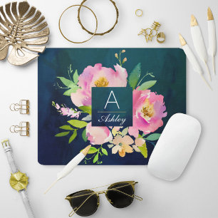 BLUSH PINK & NAVY Floral Bouquet Monogramm Mousepad
