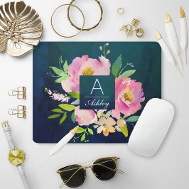 BLUSH PINK & NAVY Floral Bouquet Monogramm Mousepad