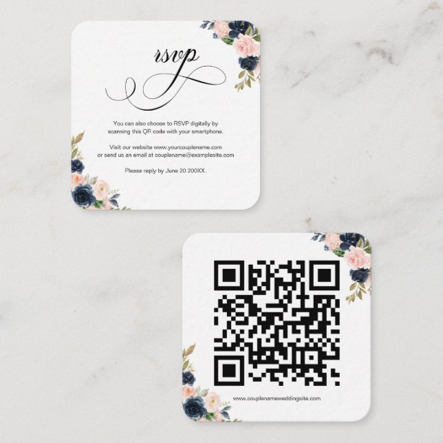 Blush Pink & Navy Floral QR Code Wedding RSVP Card Begleitkarte (Vorne/Hinten)