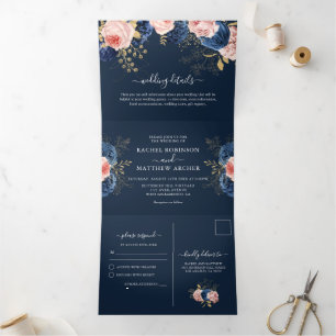 Blush Pink & Navy Florals Elegante Hochzeit Dreifach Gefaltete Einladung