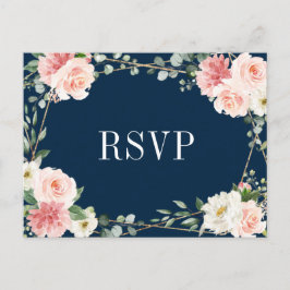 Blush Pink Navy Geometric Botanical Wedding RSVP Postkarte