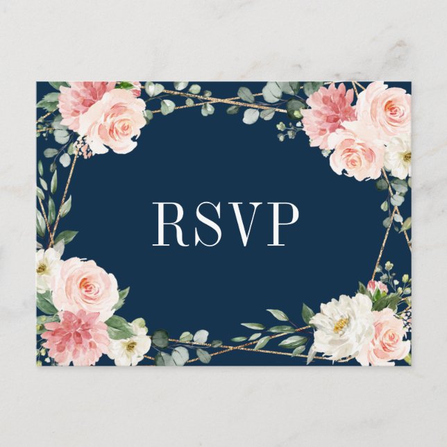 Blush Pink Navy Geometric Botanical Wedding RSVP Postkarte (Vorderseite)