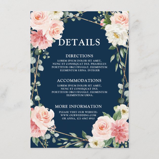 Blush Pink Navy Gold Geometric Botanical Wedding Begleitkarte (Vorderseite)