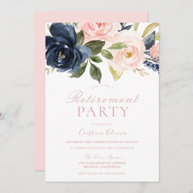 Blush Pink & Navy Hübsches Party für das Ruhestand Einladung (Vorne/Hinten)