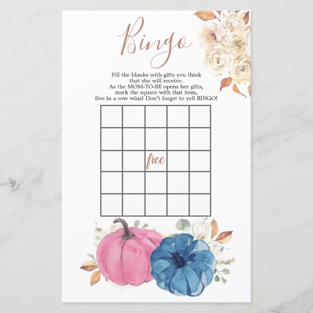 Blush Pink & Navy Pumpkin Gender Reveal Bingo Spie (Vorderseite)