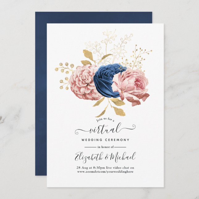 Blush Pink, Navy und Gold Bloral Virtual Wedding Einladung (Vorne/Hinten)