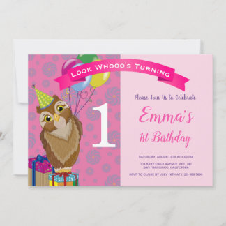 Blush Pink Niedlich Baby Owls 1. Geburtstag Party Einladung