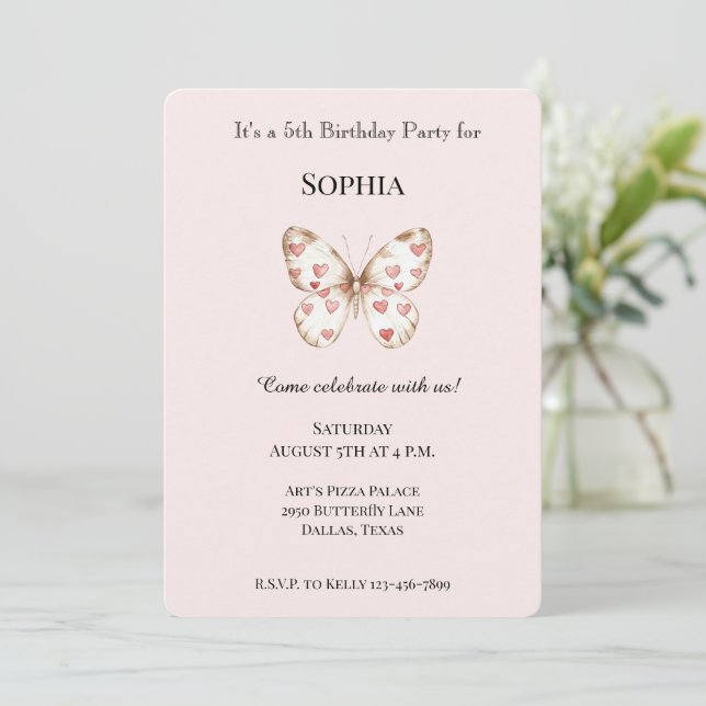 Blush Pink Niedlich Butterfly Rotes Herz Geburtsta Einladung (Stehend Vorderseite)