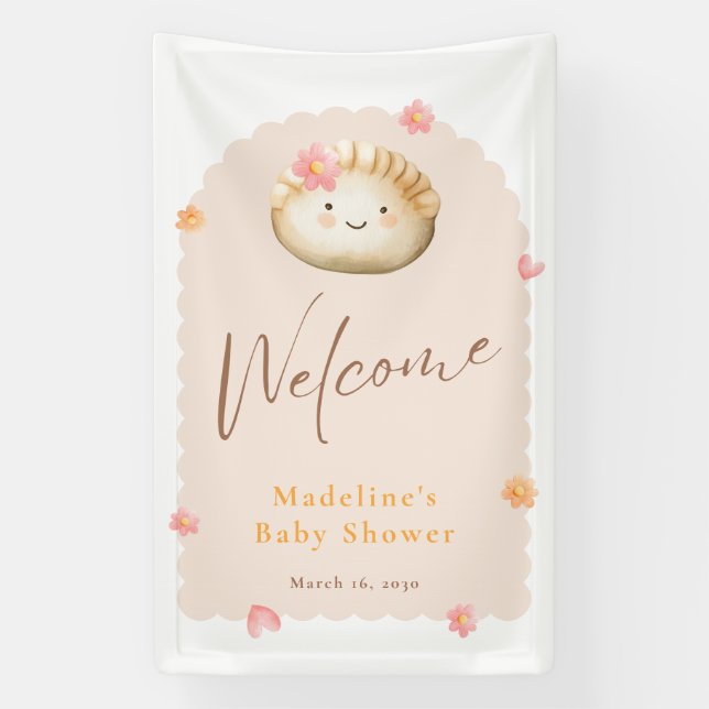 Blush Pink Niedlich Dumpling Baby Girl Dusche Will Banner (Vertikal)